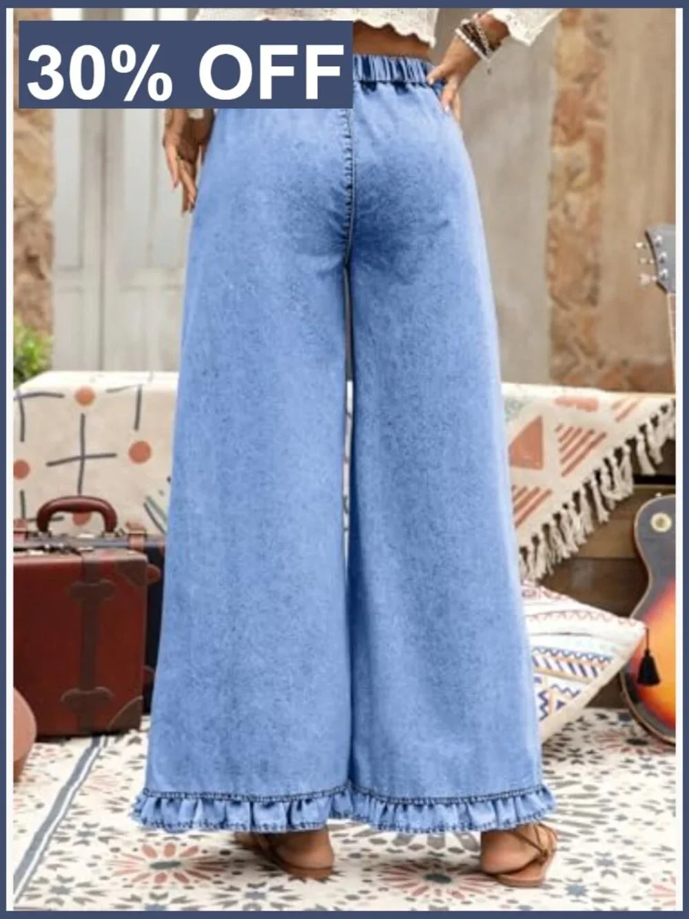 Wide Leg Jeans Stretch High Waist Baggy Trendy Denim Ruffle Hem Pants - Picture 3 of 7